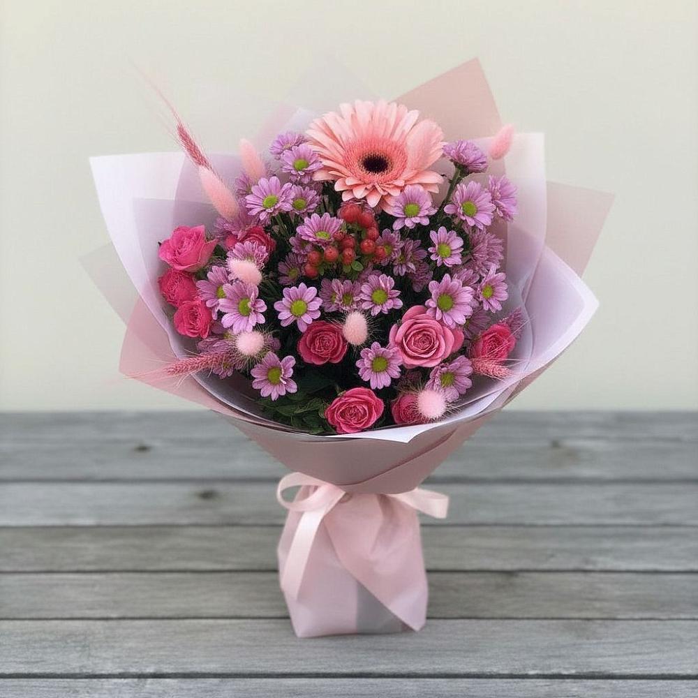 Букет цветов из: Розы, Герберы и Хризантемы в Кизилюрте