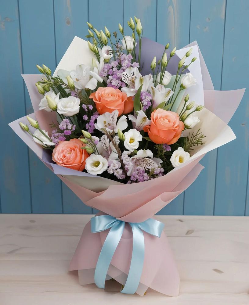 Букет цветов из: Лизиантусы, Розы, Альстромерии и Гипсофила в Кизилюрте